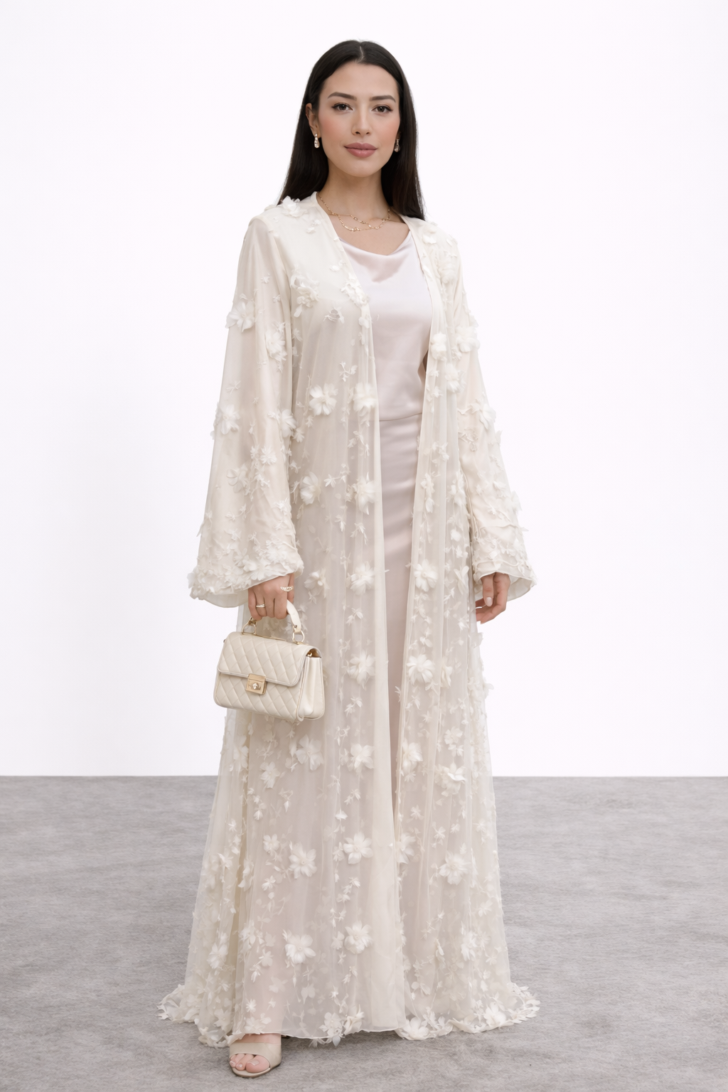 White 3D Floral Abaya
